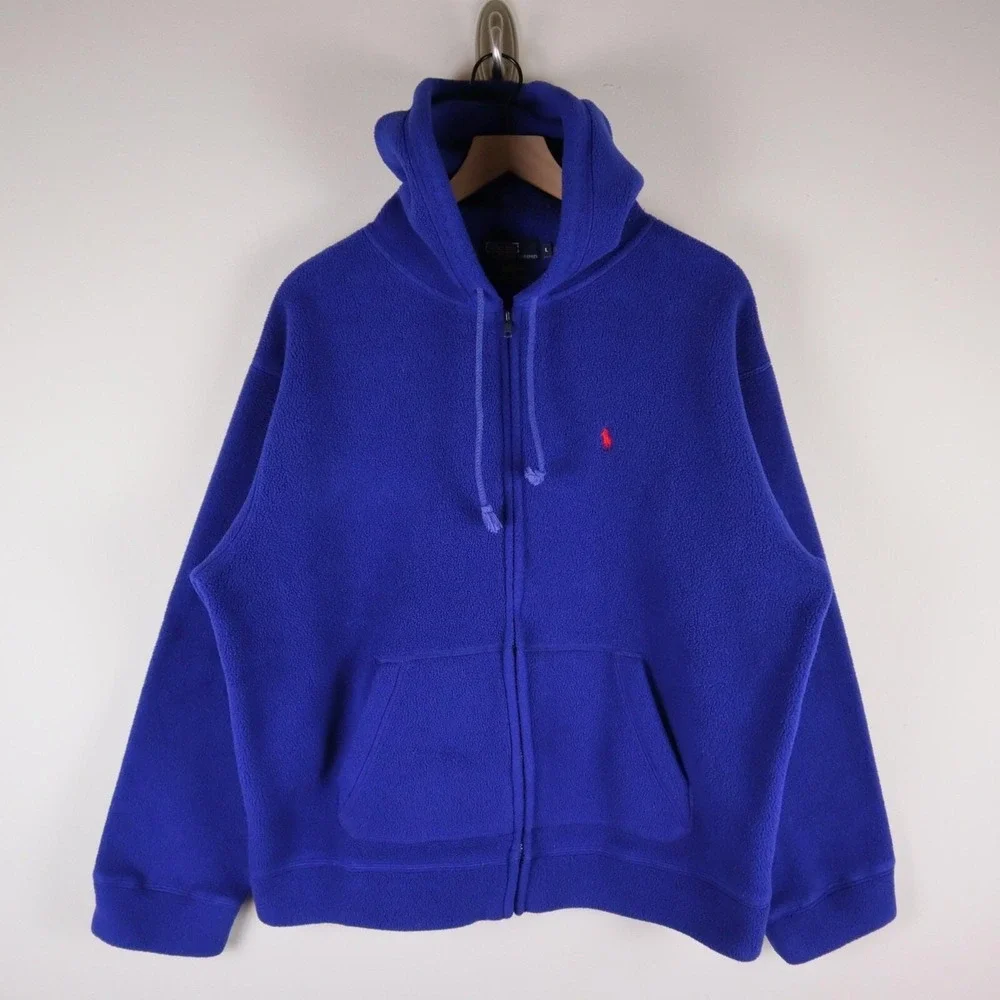 Vintage Polo Ralph Lauren Full Zip Fleece Hoodie Blue‎ Size Large 26x26.5